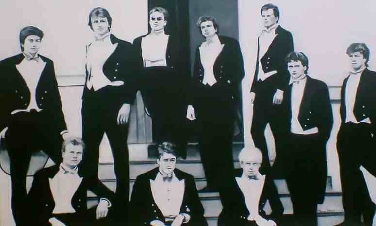 The Bullingdon Club picture Boris Johnson and David Cameron don't want you to see (artist Rona Marsden created this painting of the picture to get around copyright restrictions designed to limit distribution of the original!). Johnson front right, Cameron back left